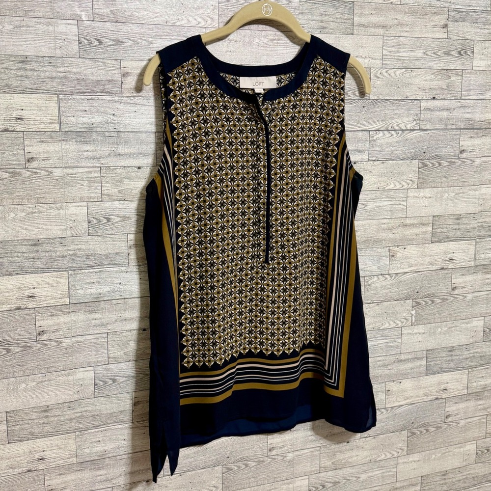 Loft Sleeveless Sz-Medium Geometric Print Button Neck Blouse Women's Navy Gold - Picture 7 of 10